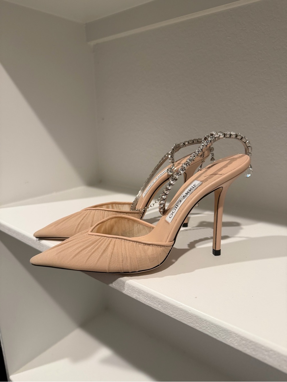 Jimmy Choo Nude Pointed-Toe Stiletto Pumps with Crystal Straps
